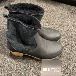 No. 6 black Suede and Leather Clog Boots with Wood-Look Heel